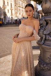 Charming Champagne A-Line Strapless Off-The-Shoulder Sleeveless Sequined Long Tulle Prom Dresses